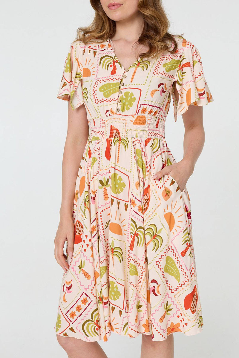 Printed V-Neck Shirred Knee Length Dress