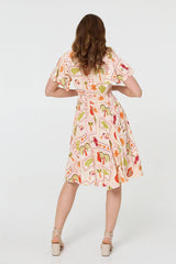 Printed V-Neck Shirred Knee Length Dress