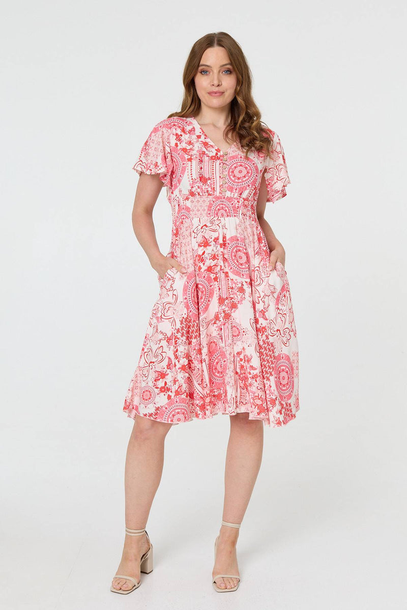 Paisley Print Shirred Knee Length Dress