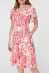 Paisley Print Shirred Knee Length Dress