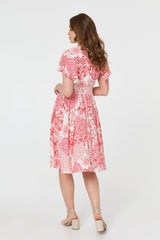 Paisley Print Shirred Knee Length Dress