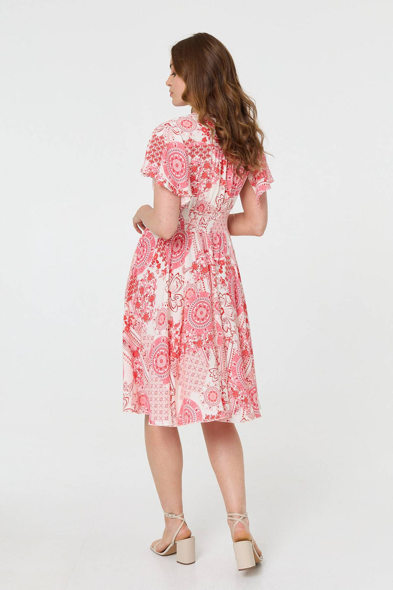 Paisley Print Shirred Knee Length Dress