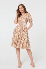 Printed Shirred Knee Length Dress