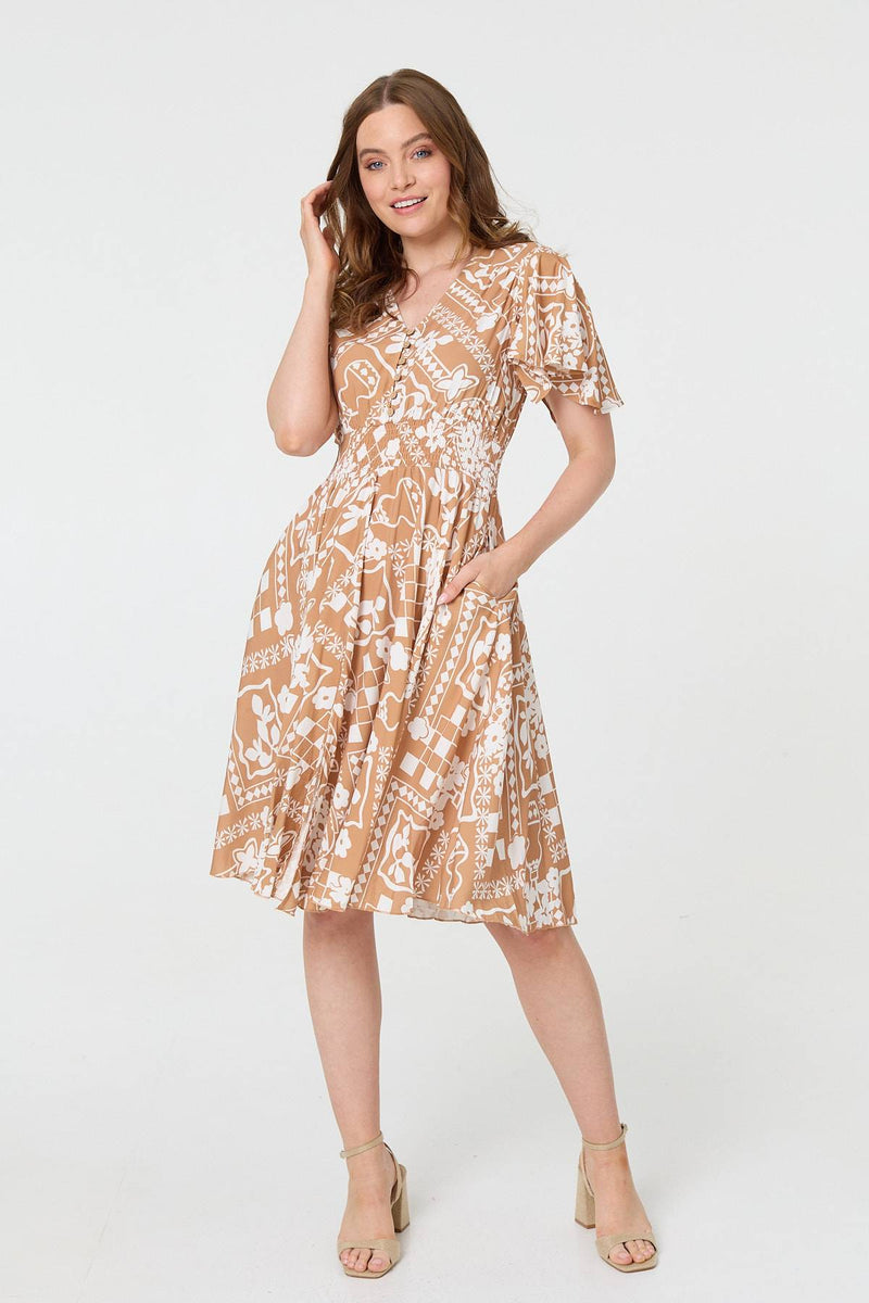 Printed Shirred Knee Length Dress
