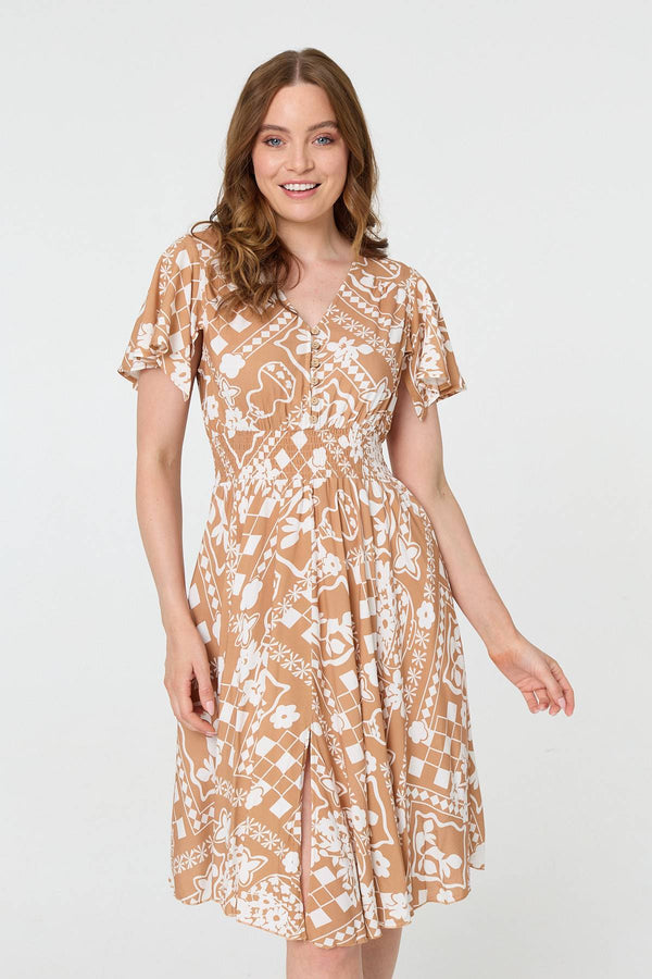 Printed Shirred Knee Length Dress