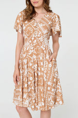 Printed Shirred Knee Length Dress