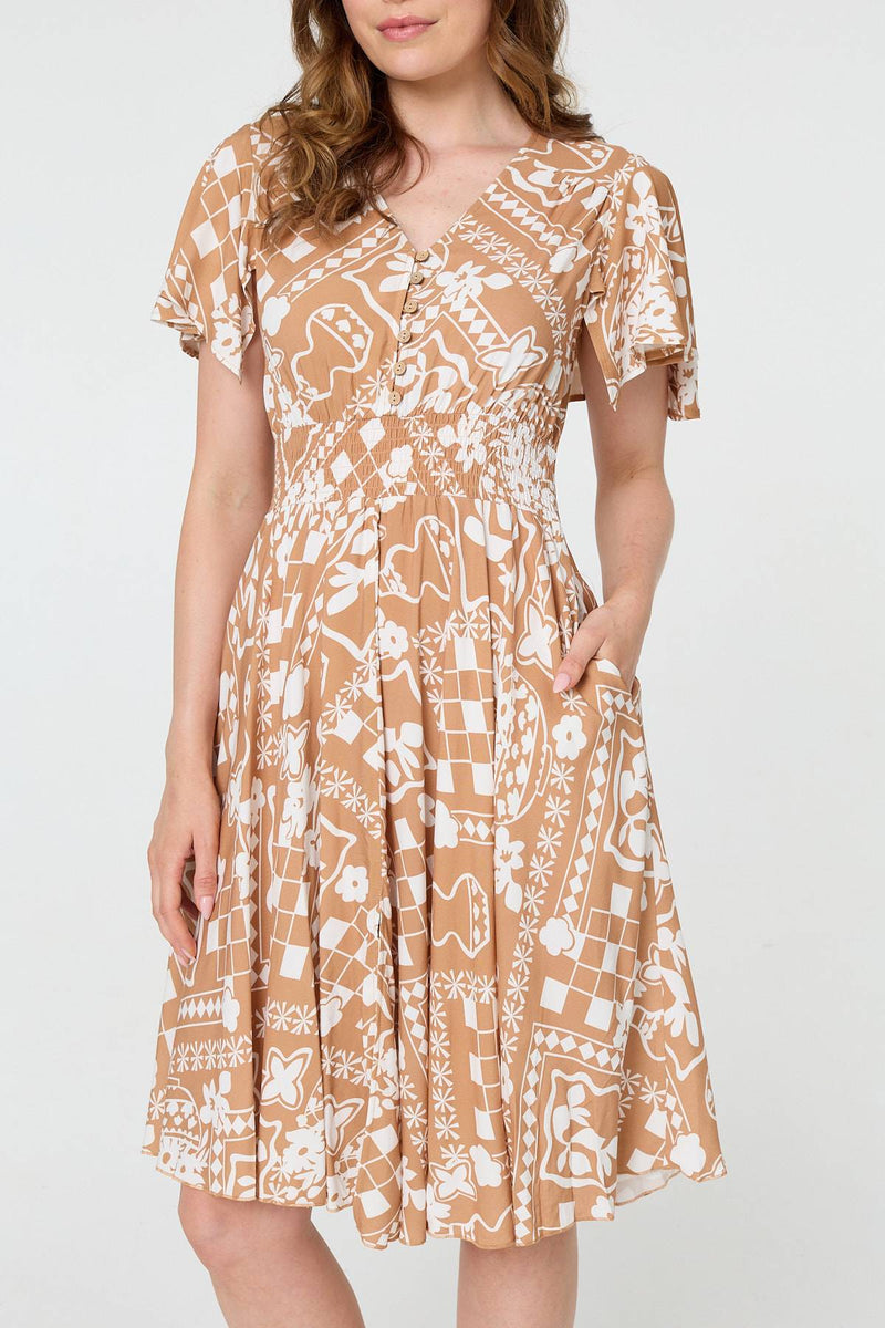 Printed Shirred Knee Length Dress
