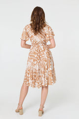 Printed Shirred Knee Length Dress