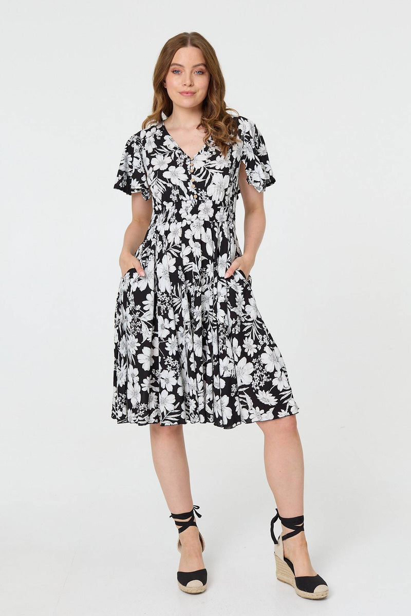 Floral Shirred Knee Length Dress