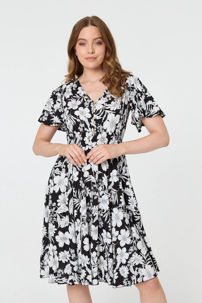 Floral Shirred Knee Length Dress