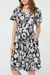 Floral Shirred Knee Length Dress