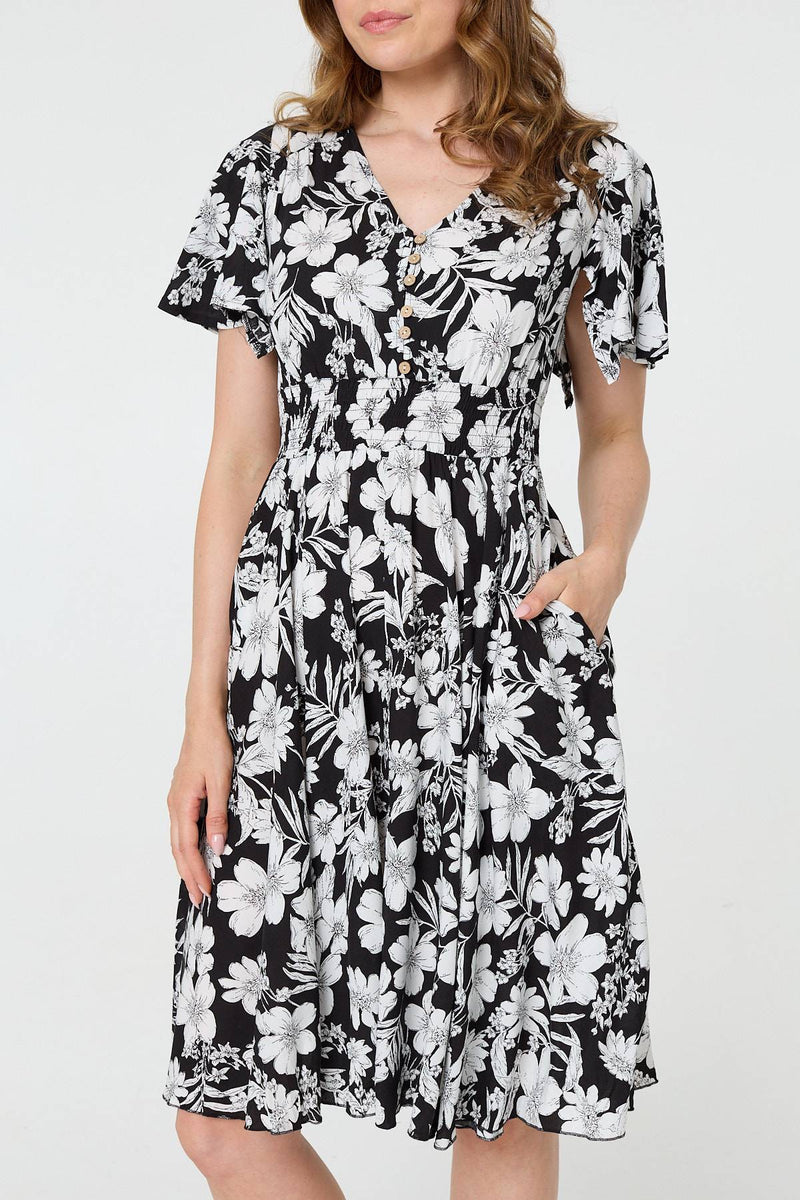 Floral Shirred Knee Length Dress