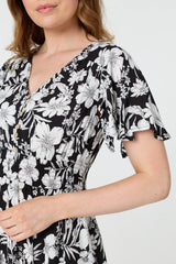 Floral Shirred Knee Length Dress