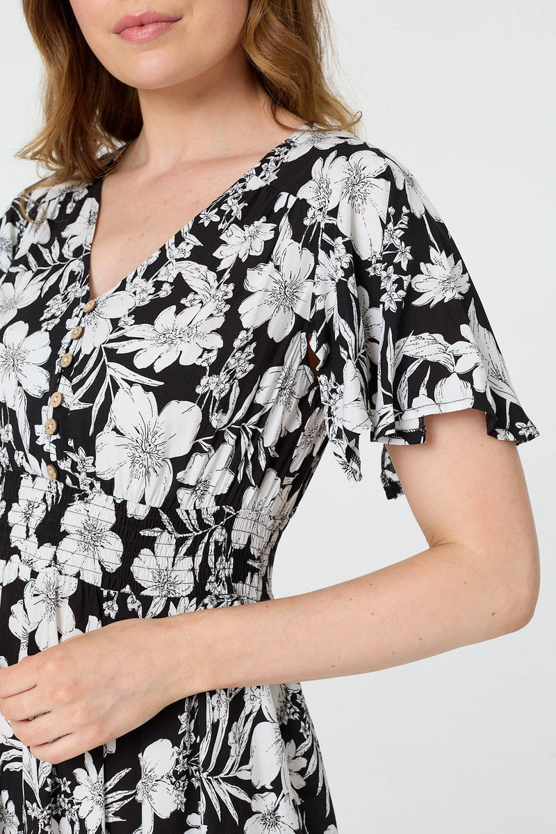 Floral Shirred Knee Length Dress