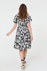 Floral Shirred Knee Length Dress