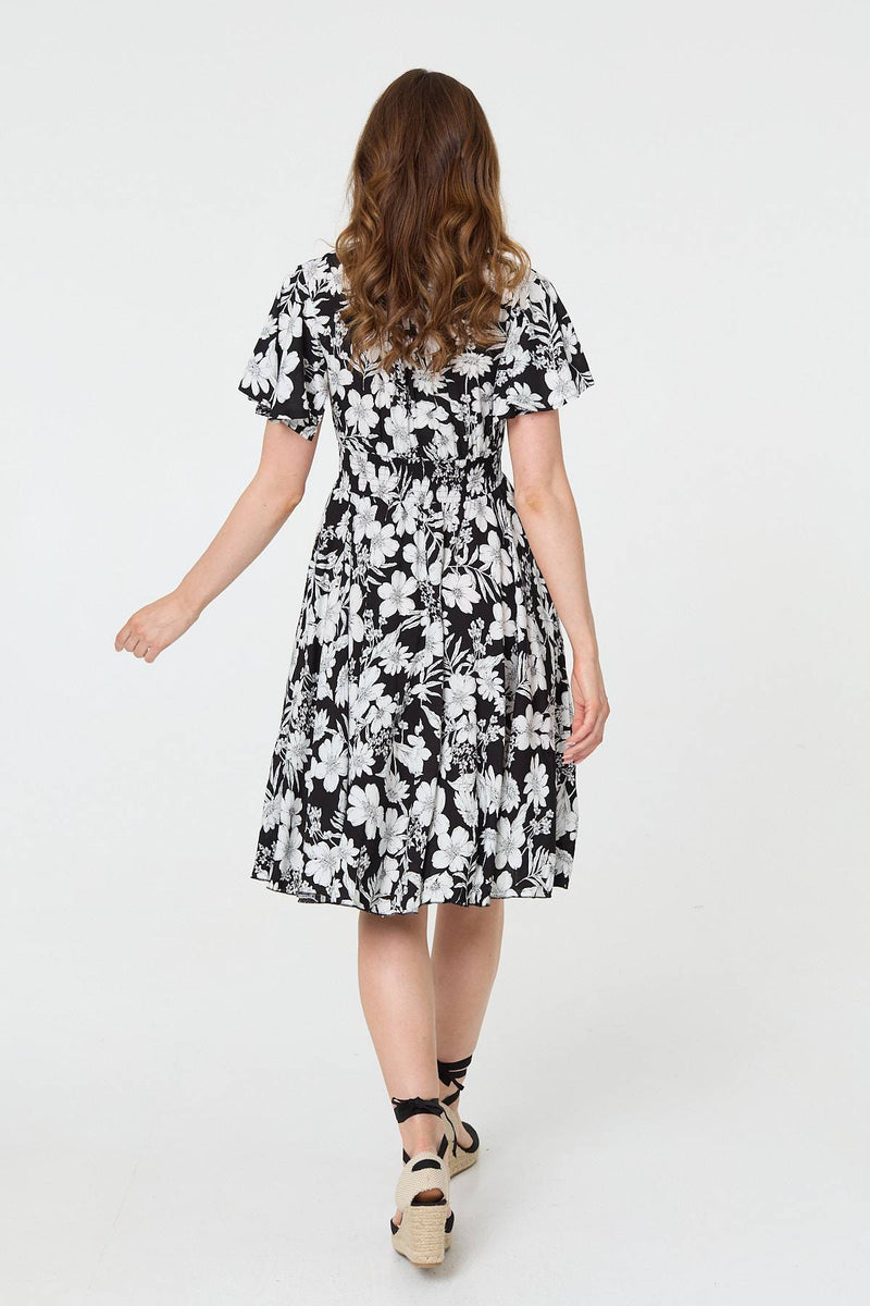 Floral Shirred Knee Length Dress