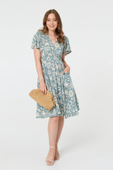 Abstract Print Shirred Knee Length Dress