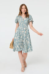 Abstract Print Shirred Knee Length Dress