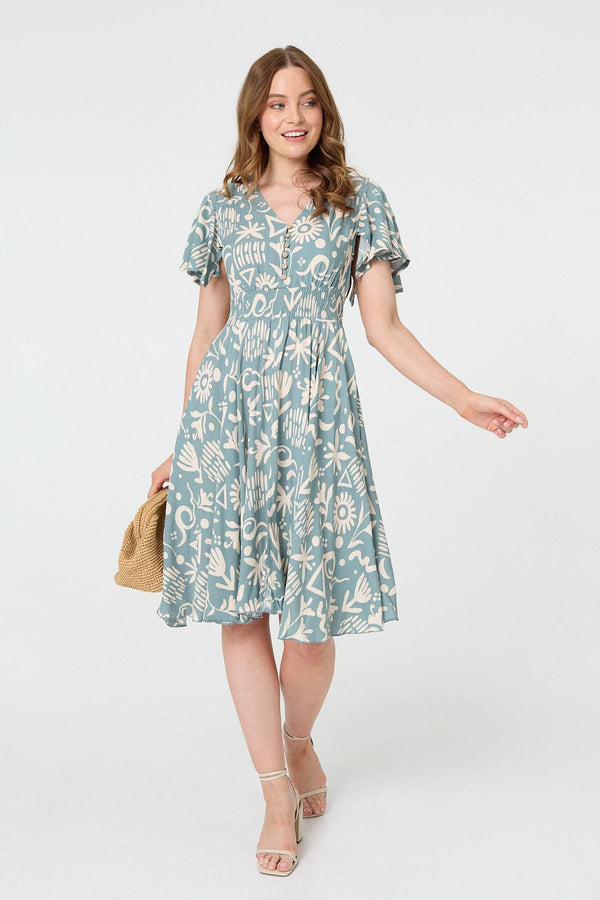 Abstract Print Shirred Knee Length Dress