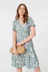 Abstract Print Shirred Knee Length Dress