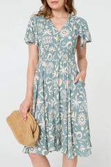 Abstract Print Shirred Knee Length Dress