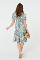 Abstract Print Shirred Knee Length Dress