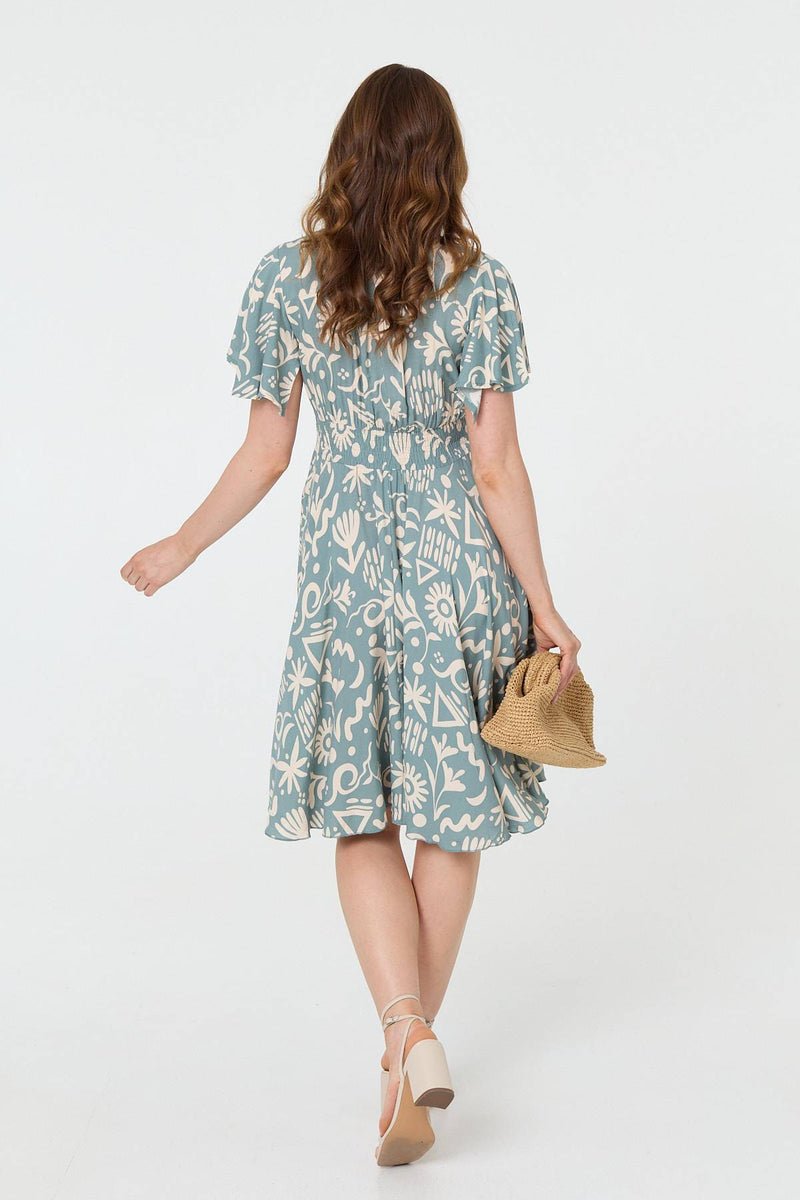 Abstract Print Shirred Knee Length Dress