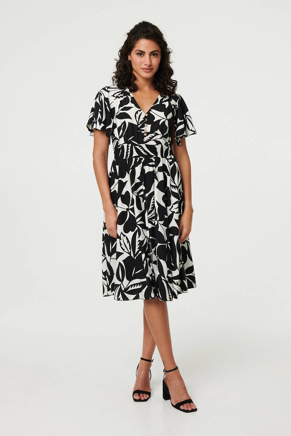 Leaf Print Tie Waist Knee Length Dress