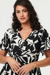 Leaf Print Tie Waist Knee Length Dress