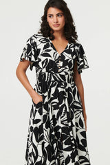 Leaf Print Tie Waist Knee Length Dress