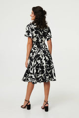 Leaf Print Tie Waist Knee Length Dress