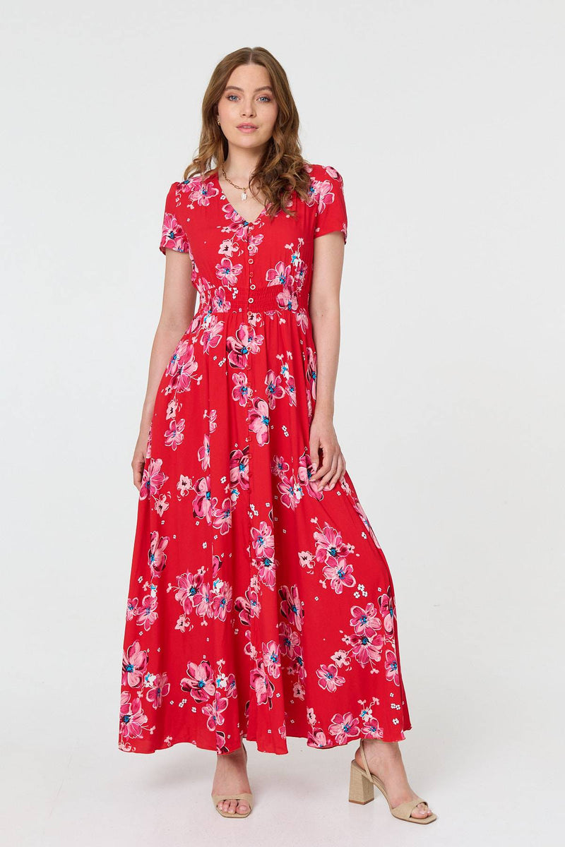 Floral Short Sleeve Shirred Maxi Dress
