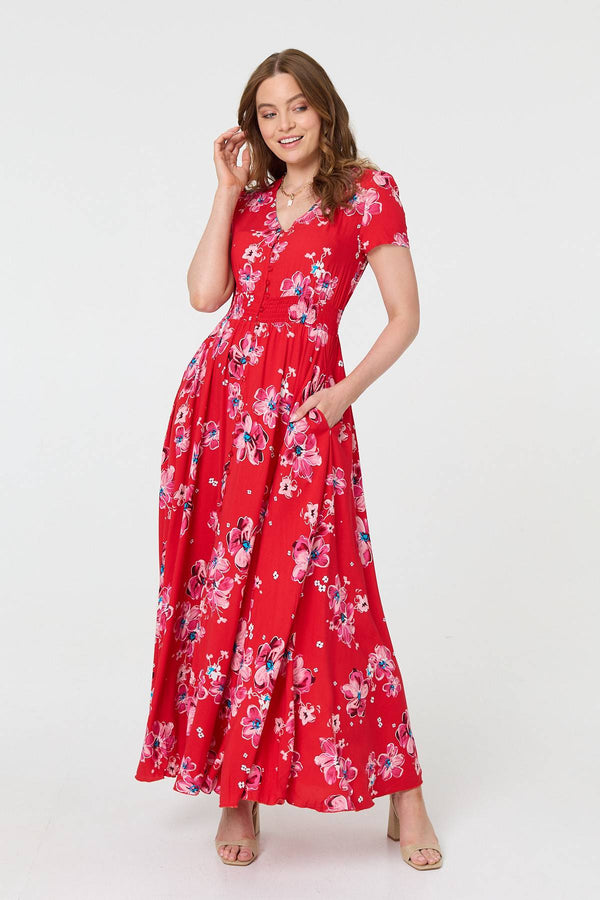 Floral Short Sleeve Shirred Maxi Dress