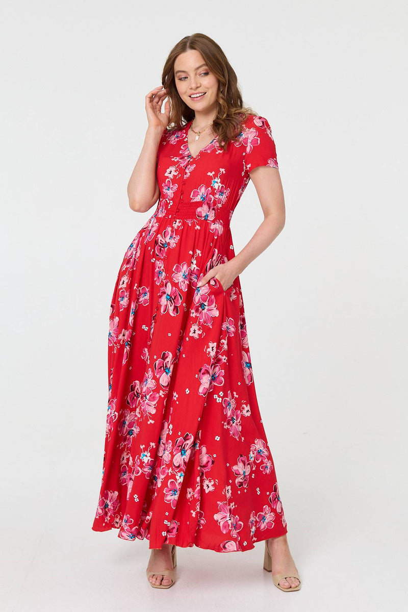 Floral Short Sleeve Shirred Maxi Dress