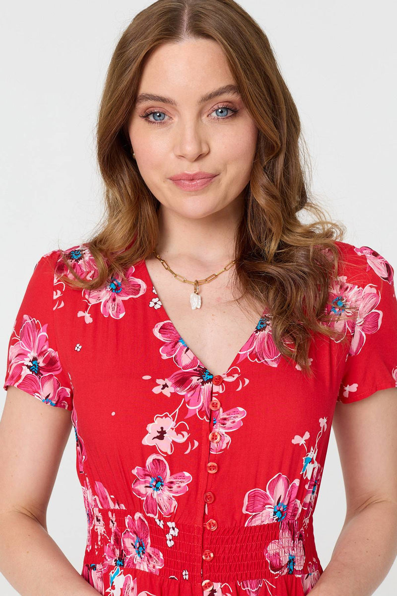 Floral Short Sleeve Shirred Maxi Dress