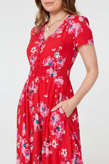 Floral Short Sleeve Shirred Maxi Dress
