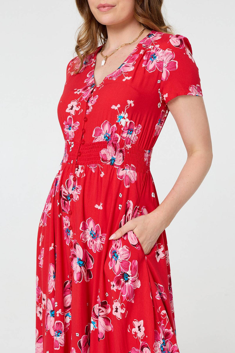 Floral Short Sleeve Shirred Maxi Dress
