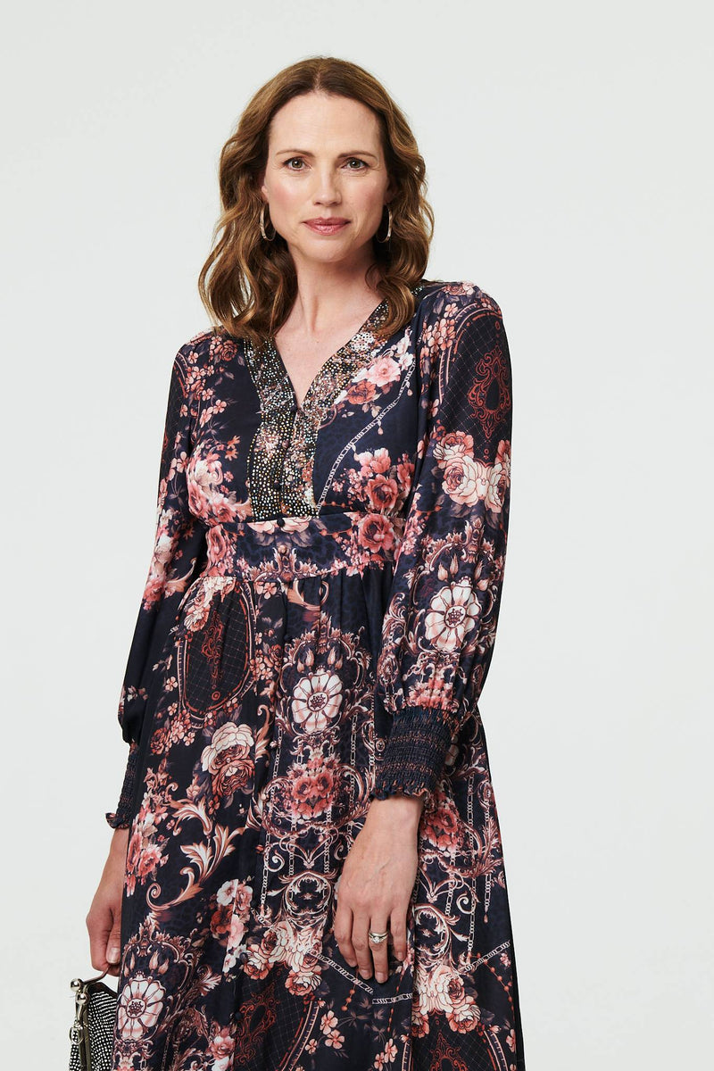 Printed Long Sleeve Empire Maxi Dress