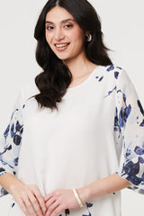 Floral 3/4 Sleeve Layered Hem Midi Dress