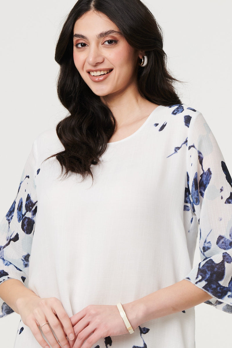 Floral 3/4 Sleeve Layered Hem Midi Dress