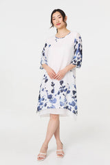 Floral 3/4 Sleeve Layered Hem Midi Dress
