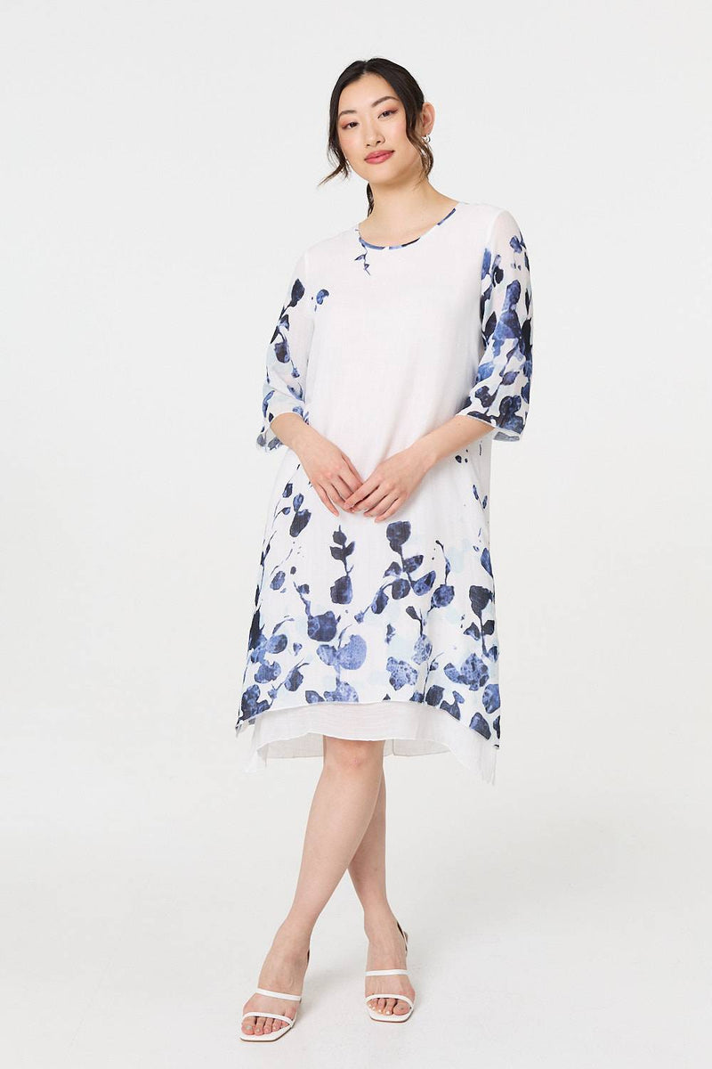 Floral 3/4 Sleeve Layered Hem Midi Dress