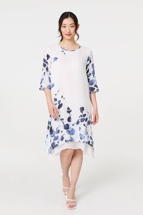 Floral 3/4 Sleeve Layered Hem Midi Dress