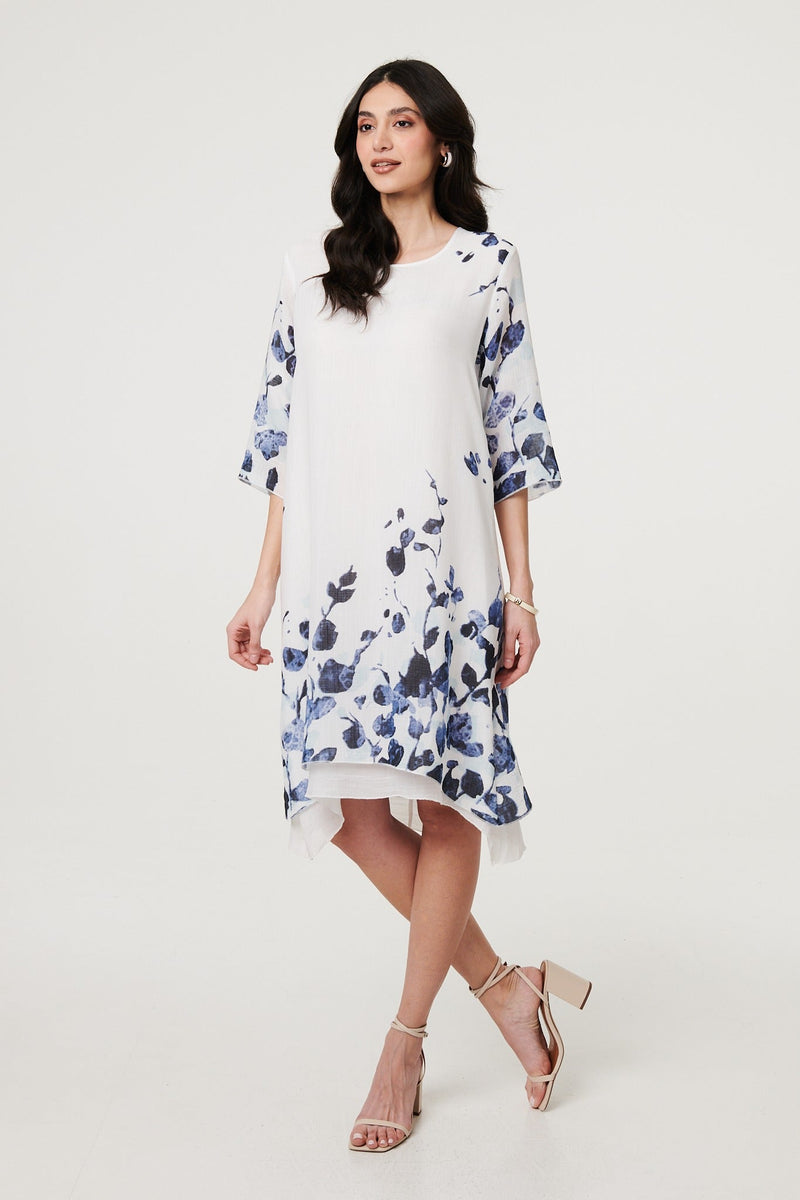 Floral 3/4 Sleeve Layered Hem Midi Dress