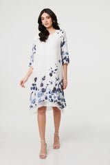 Floral 3/4 Sleeve Layered Hem Midi Dress