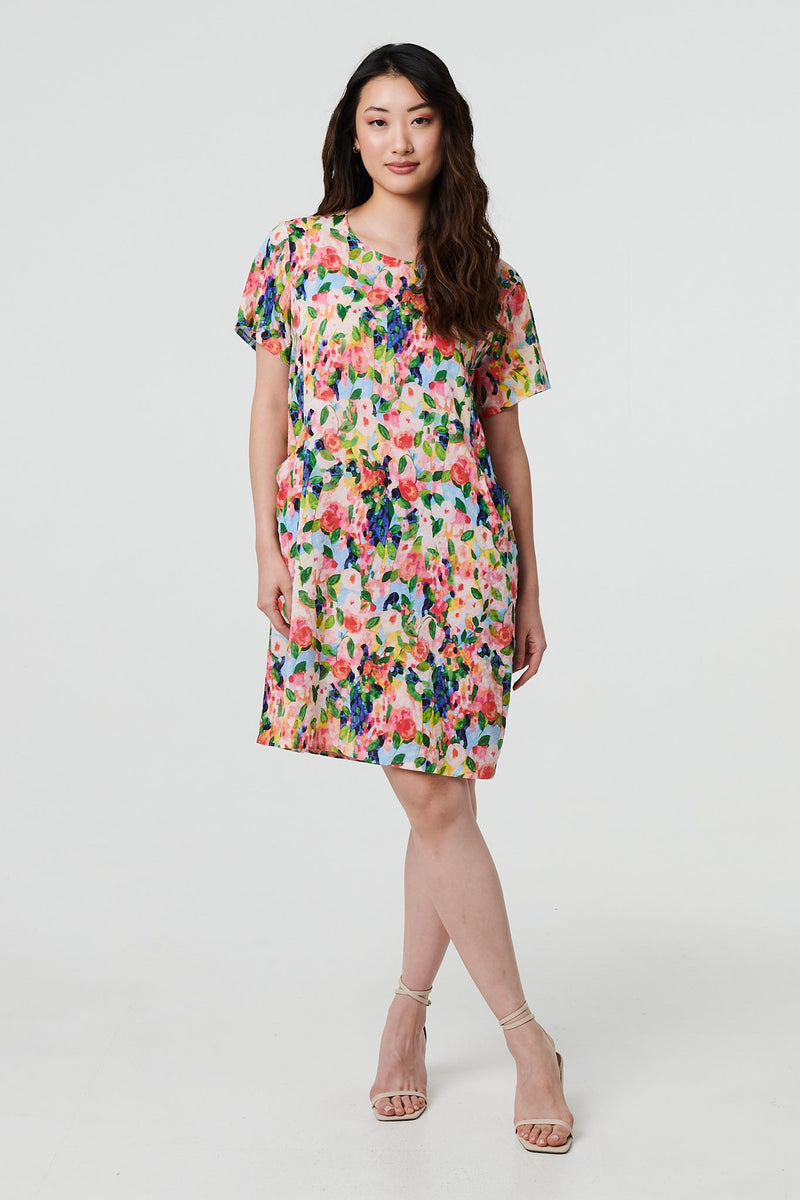 Floral Short Sleeve Shift Short Dress