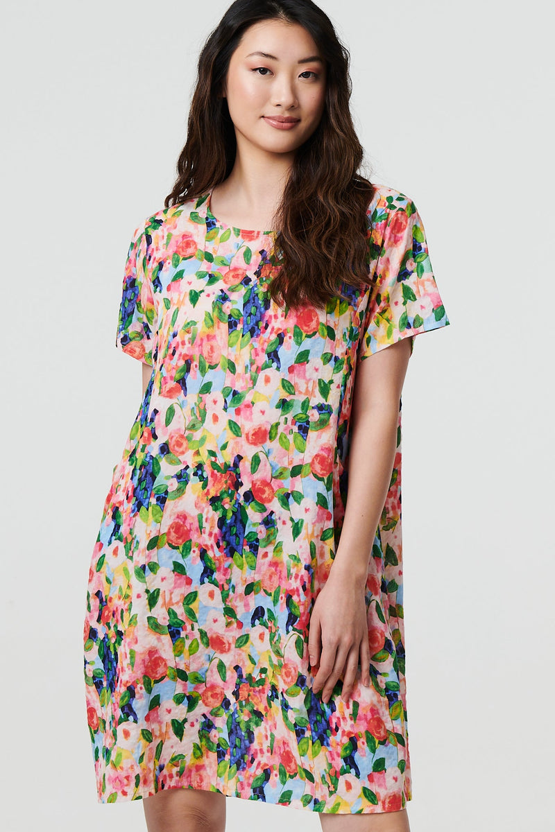Floral Short Sleeve Shift Short Dress