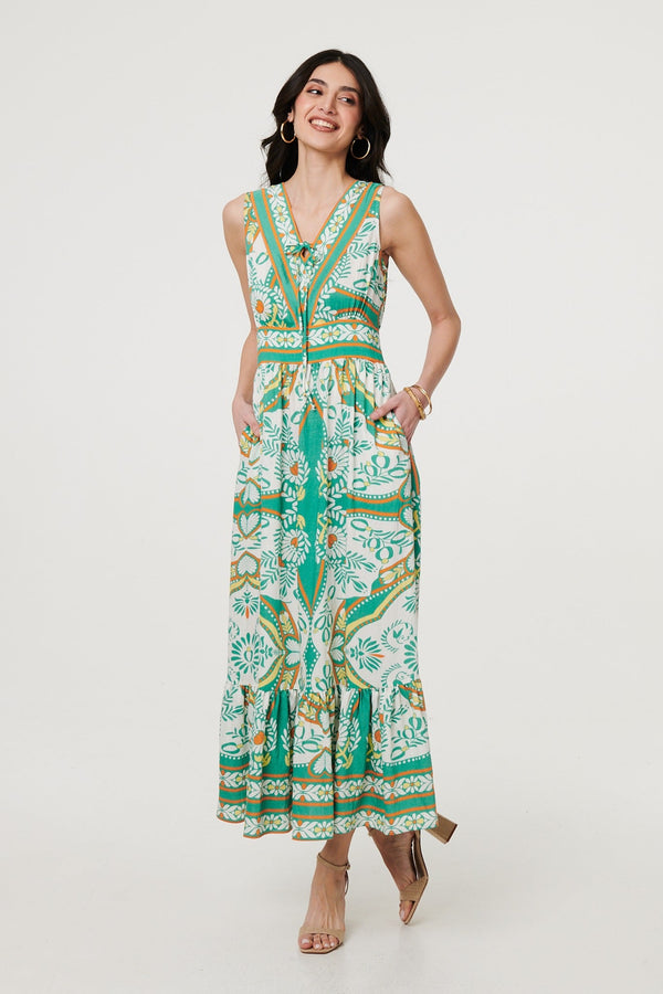 Printed Sleeveless Tie Empire Maxi Dress