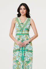 Printed Sleeveless Tie Empire Maxi Dress