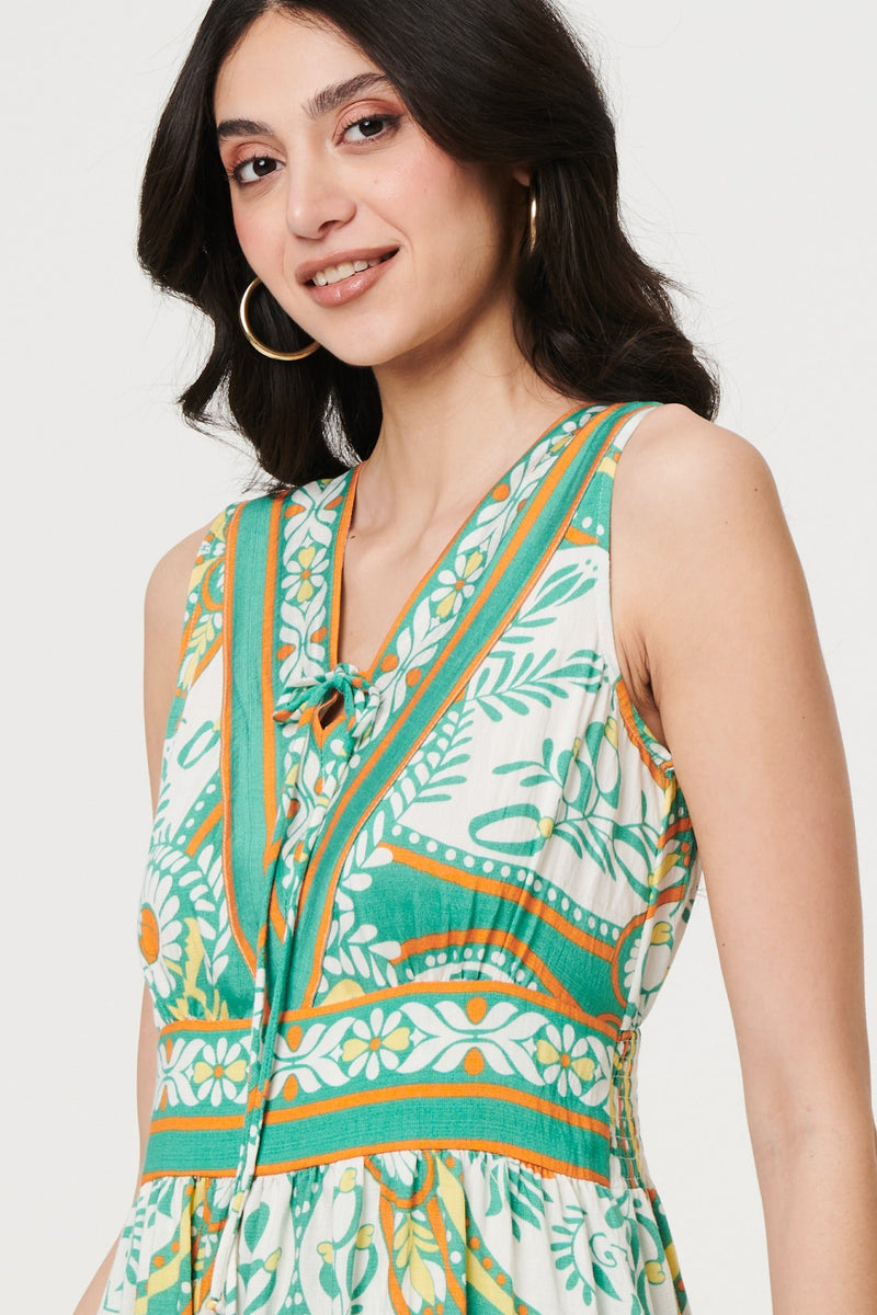 Printed Sleeveless Tie Empire Maxi Dress